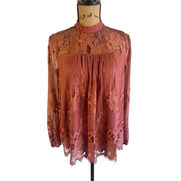 Taylor & Sage Women's Lace Blouse Long Sleeve S Rust Keyhole Back Boho Chic - Picture 1 of 9